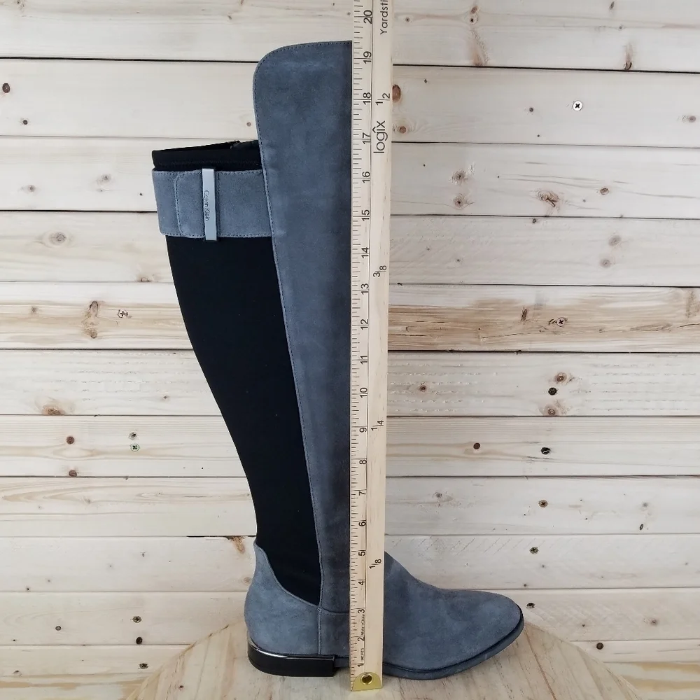 Calvin Klein Priya OTK Size 5.5 US Grey/Black Suede/Leather Over Knee Boots NEW
